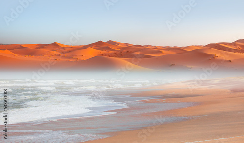 Namib desert with Atlantic ocean meets near Skeleton coast, Full moon in the background - Namibia, South Africa 