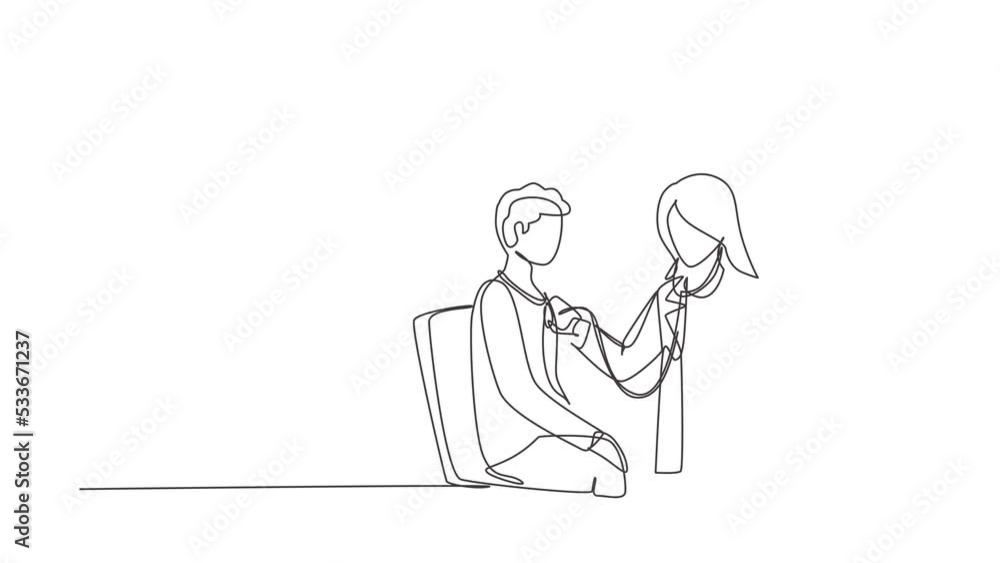 Animated self drawing of continuous line draw female doctor comes out of smartphone screen and checks male patient's heart rate using a stethoscope sitting on chair. Full length single line animation. Animated self drawing of continuous line draw female doctor comes out of smartphone screen and checks male patient's heart rate using a stethoscope sitting on chair. Full length single line animation.