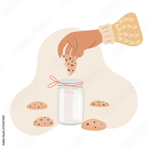 Woman hand dipping cookie in milk. Cookies with milk concept, vector illustration