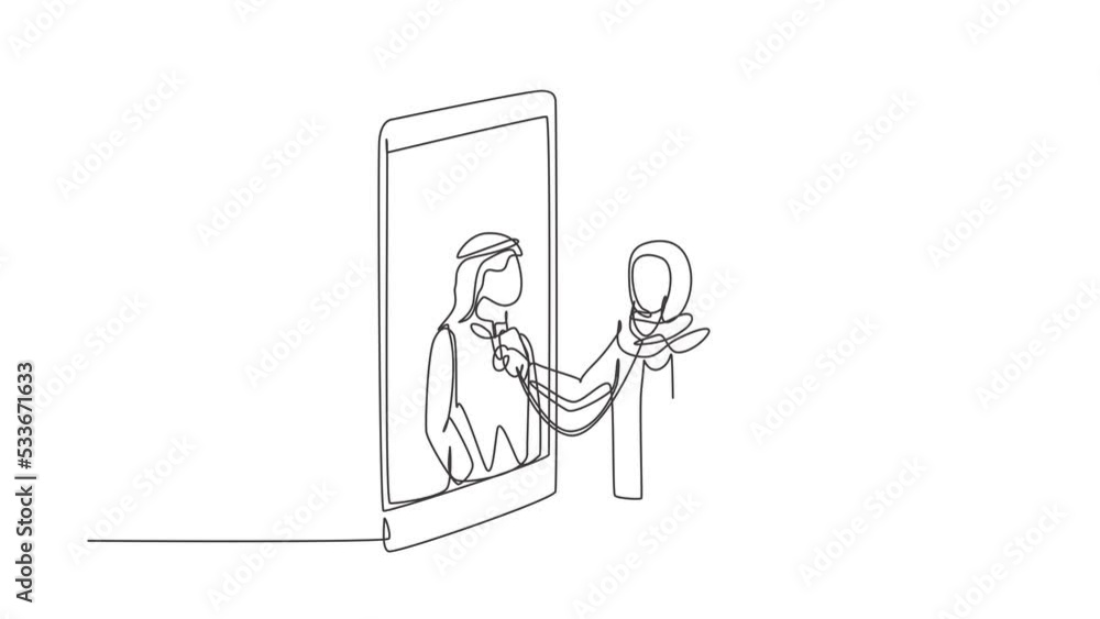 Animated self drawing of continuous line draw two smartphones facing each other with hijab female doctor checking heart rate of Arab male patient using stethoscope. Full length single line animation. Animated self drawing of continuous line draw two smartphones facing each other with hijab female doctor checking heart rate of Arab male patient using stethoscope. Full length single line animation.
