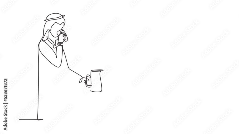 Self drawing animation of single line draw Arabic man drinking holding glass in right hand and jug in left hand to quench thirst after activity. Enjoy life. Continuous line draw. Full length animated. Self drawing animation of single line draw Arabic man drinking holding glass in right hand and jug in left hand to quench thirst after activity. Enjoy life. Continuous line draw. Full length animated.