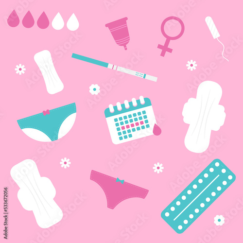 Women's hygiene products vector set. Menstrual cycle. Women's critical days.
