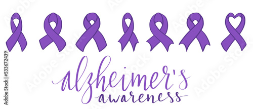 Alzheimers awareness month Novermber handwritten lettering. Purple support ribbon. Web banner vector