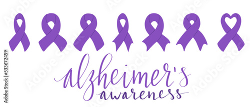 Alzheimers awareness month Novermber handwritten lettering. Purple support ribbon. Web banner vector