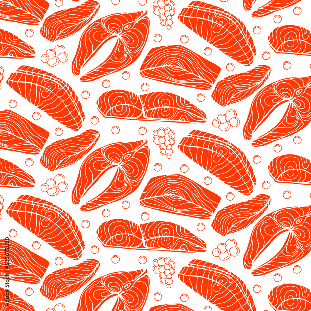 Obraz premium Top view of raw salmon steak isolated on blue background. Minimal concept. Flat lay. Seamless line pattern