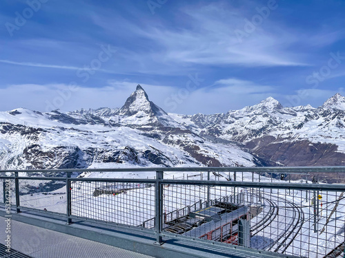 A beautiful landscape of Zermatt in winter with Matterhorn peak on background.