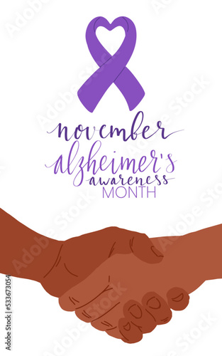 Alzheimers awareness month Novermber handwritten lettering. Purple support ribbon. Web banner vector