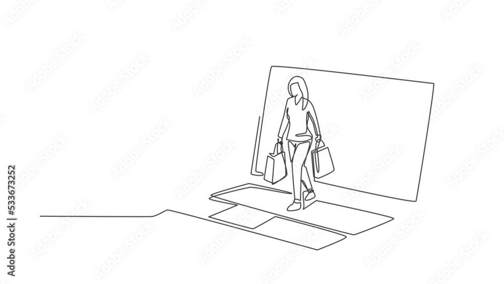 Self drawing animation of single line draw young woman coming out of laptop screen holding shopping bags. Sale, digital lifestyle and consumerism concept. Continuous line draw. Full length animated. Self drawing animation of single line draw young woman coming out of laptop screen holding shopping bags. Sale, digital lifestyle and consumerism concept. Continuous line draw. Full length animated.
