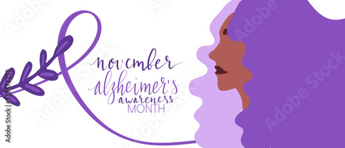Alzheimers awareness month Novermber handwritten lettering. Purple support ribbon. Web banner vector