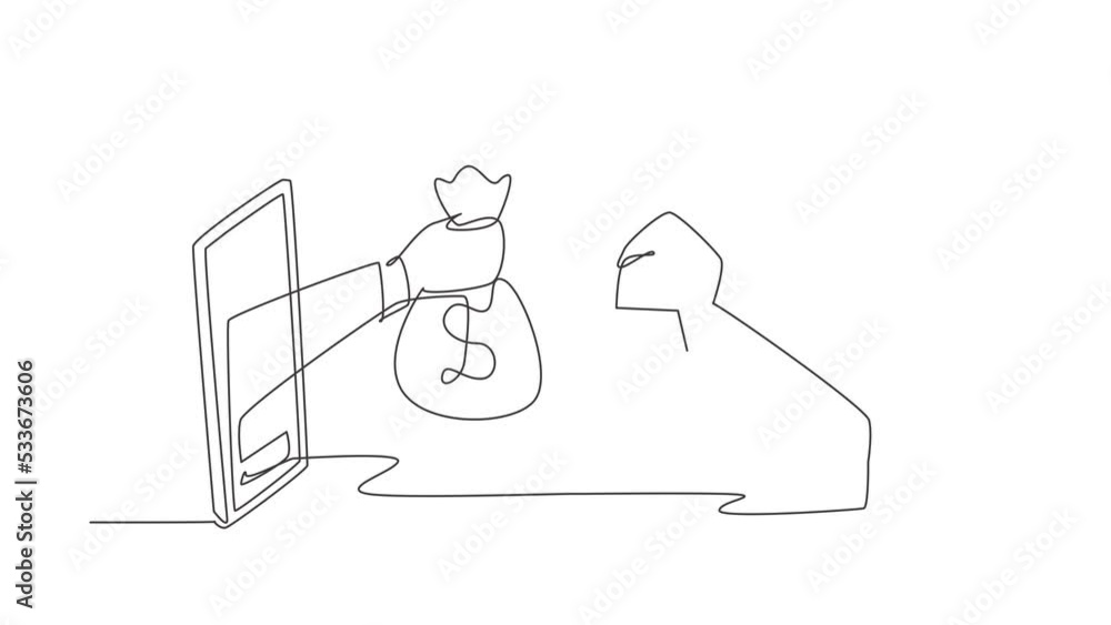 Animated self drawing of single continuous line draw two hands out of the smartphone screen to exchange shopping bags with money bag. Sale, digital payment concept. Full length one line animation. Animated self drawing of single continuous line draw two hands out of the smartphone screen to exchange shopping bags with money bag. Sale, digital payment concept. Full length one line animation.