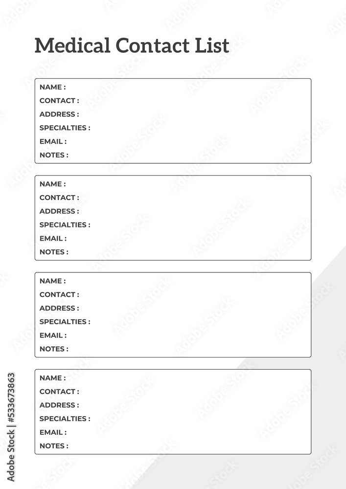 Clean Medical Contact List Planner Template Sheet. Minimalist Planner Page Template. Modern planner template sheet.