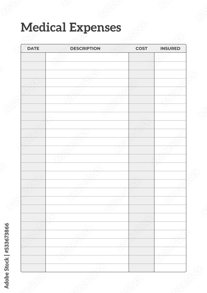 Clean Medical Expenses Planner Template Sheet. Minimalist Planner Page Template. Modern planner