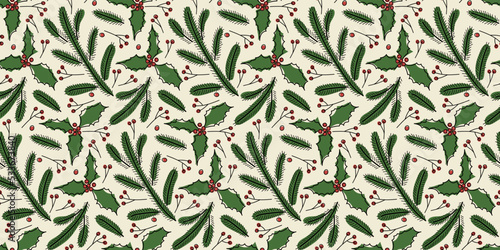 Winter plant seamless pattern. Vector hand drawn winter Freehand. Seasonal doodle backdrop. New year, Christmas Repeated Hand drawn design for wallpaper, wrapping, scrapbooking, print, textile