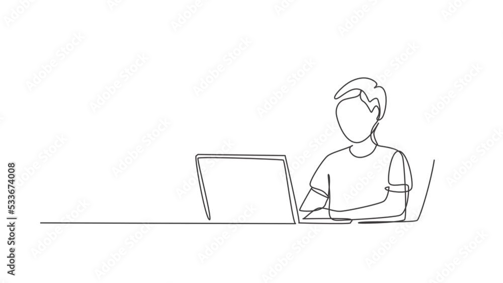 Self drawing animation of single line draw young man studying with laptop and pile of books. Back to school, intelligent student, online education concept. Continuous line draw. Full length animated. Self drawing animation of single line draw young man studying with laptop and pile of books. Back to school, intelligent student, online education concept. Continuous line draw. Full length animated.