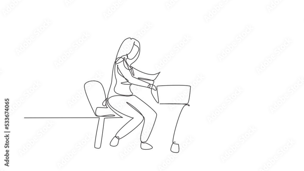 Animated self drawing of continuous line draw two female with laptop sitting on the chairs together. Freelance, distance learning, online courses, studying concept. Full length single line animation. Animated self drawing of continuous line draw two female with laptop sitting on the chairs together. Freelance, distance learning, online courses, studying concept. Full length single line animation.