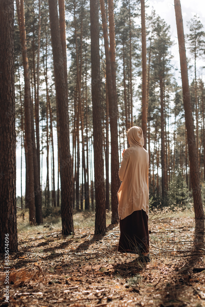 Caucasian Yogi girl in a hood and a long skirt in the autumn sunset forest relaxes, catches zen Caucasian Yogi girl in a hood and a long skirt in the autumn sunset forest relaxes, catches zen