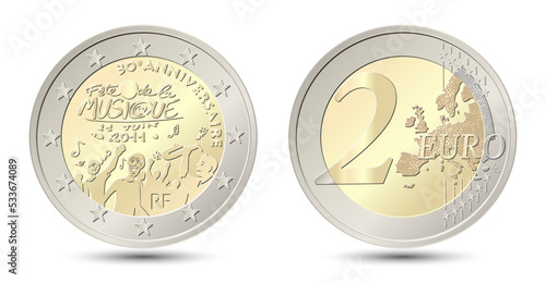 2 euro, France. 30 years of music festival. Reverse and obverse of France two euro coin. Vector illustration isolated on white background.