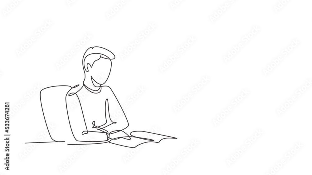 Self drawing animation of single line draw man reading, learning and sitting on chair around table. Study in library. Intelligent student, education concept. Continuous line draw. Full length animated Self drawing animation of single line draw man reading, learning and sitting on chair around table. Study in library. Intelligent student, education concept. Continuous line draw. Full length animated