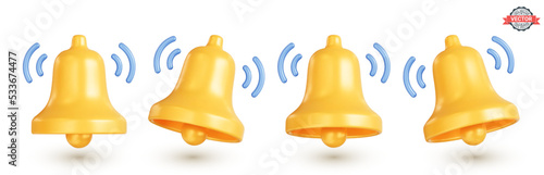 Icons set of ringing gold bells. Realistic golden bell, concept of a new message notification in social media, messengers or email. 3D vector illustration on white background