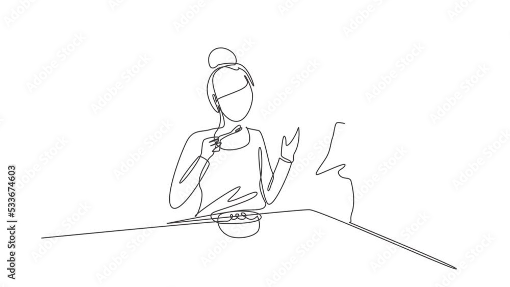 Animated self drawing of continuous line draw mom and daughter having cereal meal together around table. Happy and enjoy breakfast at home. Tasty and healthy food. Full length one line animation. Animated self drawing of continuous line draw mom and daughter having cereal meal together around table. Happy and enjoy breakfast at home. Tasty and healthy food. Full length one line animation.