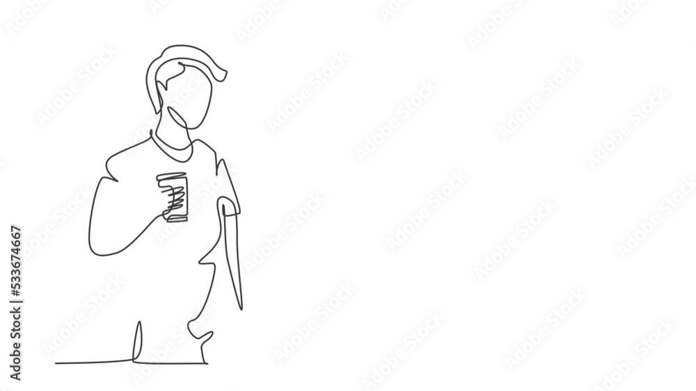 Animated self drawing of continuous line draw young man holding a cup of coffee while thinking about tomorrow's work plans. Success and relaxing lifestyle concept. Full length single line animation. Animated self drawing of continuous line draw young man holding a cup of coffee while thinking about tomorrow's work plans. Success and relaxing lifestyle concept. Full length single line animation.
