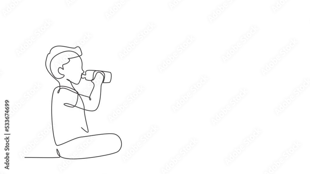 Self drawing animation of single line draw boy sitting while enjoying a bottle of fresh milk to fulfill his body nutrition. Child health and growth concept. Continuous line draw. Full length animated. Self drawing animation of single line draw boy sitting while enjoying a bottle of fresh milk to fulfill his body nutrition. Child health and growth concept. Continuous line draw. Full length animated.