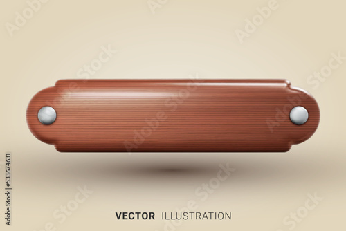 Realistic vector wooden nameplate with wood grain in retro style. Door furniture. 3D vector illustration