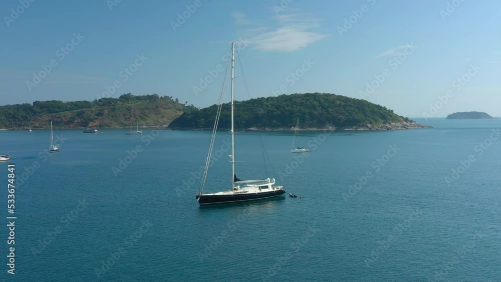 sunny day phuket island luxury yacht park by the bay aerial panorama 4k thailand sunny day phuket island luxury yacht park by the bay aerial panorama 4k thailand