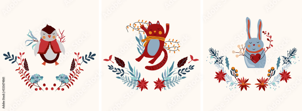 Cute winter composition with penguin a scarf, funny cat and cute rabbit in wreath, flowers and leaves.Cute winter animals.Perfect for greeting cards, poster, postcard, banner. Vector. Vector 