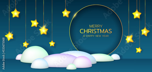 Winter landscape with snowdrifts and Christmas stars garland. Festive background for Christmas and New Year