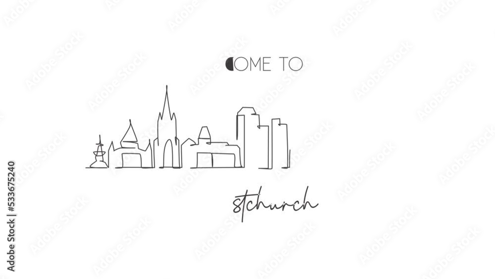 Animated self drawing of continuous line draw Christchurch skyline, New Zealand. Famous city scraper landscape. World travel home wall decor art poster print concept. Full length one line animation Animated self drawing of continuous line draw Christchurch skyline, New Zealand. Famous city scraper landscape. World travel home wall decor art poster print concept. Full length one line animation