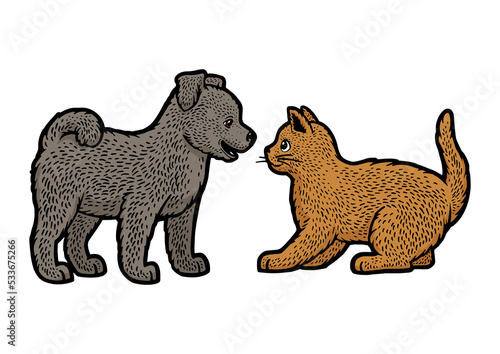 puppy and kitten line art color sketch PNG illustration with transparent background