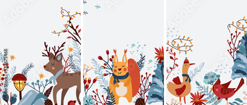 Winter composition with cute reindeer in a scarf, funny squirrel, goose, leaves, tree and other. Winter funny animal. Perfect for greeting cards, poster, postcard, banner.