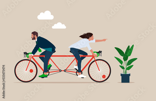 Working team trying hard riding bicycle in opposite direction. Business conflict, controversy or disagreement causing problem and failure. Flat vector illustration.