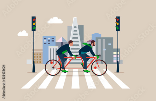 Business Team Riding Tandem Bicycle Traveling to Work in City.  Crossing Road by Crosswalk with Zebra Markup. Flat vector illustration.