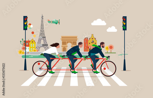 Business Team Riding Tandem Bicycle Traveling to Work in City.  Crossing Road by Crosswalk with Zebra Markup. Flat vector illustration.