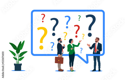 Businessman and businesswoman with many of confused question marks. Confused people with confusion problem or doubt, lost in trouble or complexity, misunderstanding. 