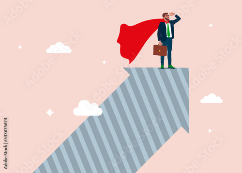 Businessman superhero with powerful red cape stand on growth arrow Success leadership leading business growth strategy, company hero achieve career growth. Flat vector illustration.