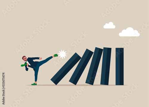 Businessman pushing tiny domino to make bigger one fall. Increase productivity, efficiency and improvement, easy way to win business success.