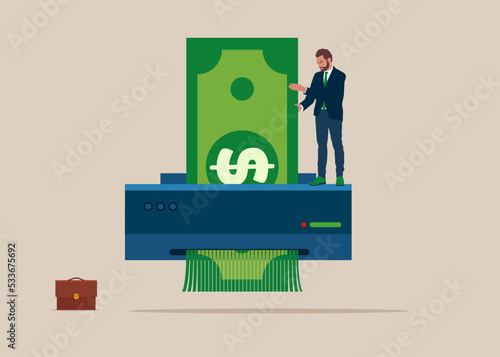 Businessman hand feed dollar banknote money into shredder to destroy losing all his wealth. Money shred bad investment, scam,  causing losing money. Flat vector illustration. photo