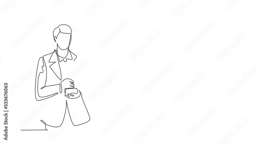 Animated self drawing of continuous line draw young businessman wearing suit tie holding golden trophy with both hands. Symbol of achievement business performance. Full length one line animation Animated self drawing of continuous line draw young businessman wearing suit tie holding golden trophy with both hands. Symbol of achievement business performance. Full length one line animation