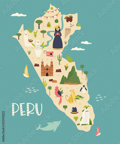 Illustrated colorful map of Peru with famous symbols of the country
