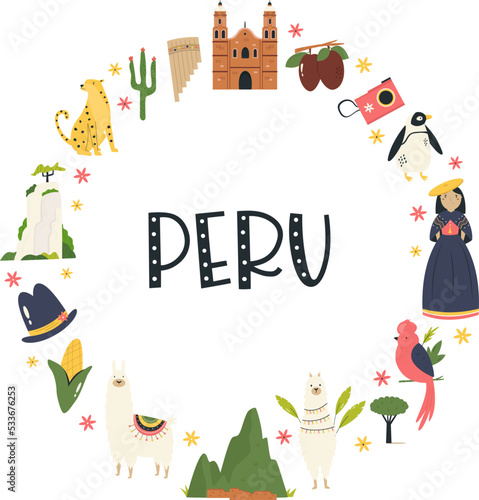 Circle decoration, emblem with famous symbols and landmarks of Peru.