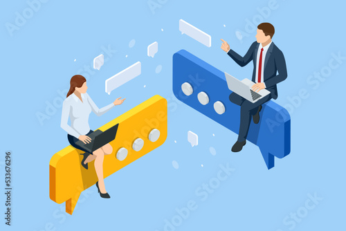 Isometric FAQ Frequently Asked Questions Concept. Woman and Man Ask Questions and receive Answers. Business People Asking Wuestions Around a Huge Question Mark.