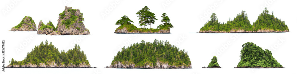 islands, collection of forested islets isolated on white background
