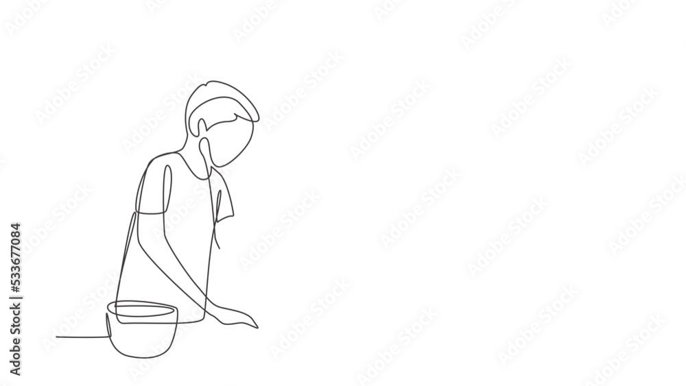 Animated self drawing of single continuous line draw young man making cookie dough using rolling pin at cozy kitchen table. Making bakery and homemade pizza at home. Full length one line animation Animated self drawing of single continuous line draw young man making cookie dough using rolling pin at cozy kitchen table. Making bakery and homemade pizza at home. Full length one line animation