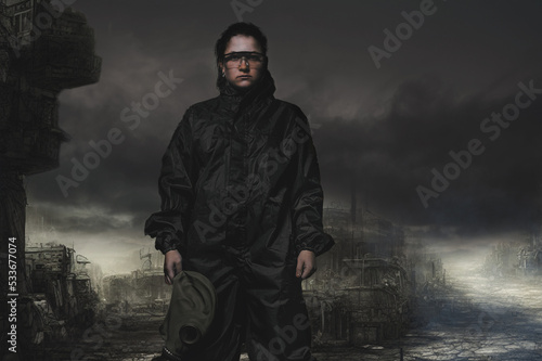 A stalker survivor in protective clothing against the apocalyptic backdrop. Woman in a chemical protection suit. World war 3.