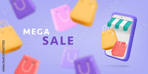 3d vector realistic render mega sale for online shopping banner design. Flying smartphone and gift paper bags fashion sale discount background. Online digital purchase, e-commerce promotion store.