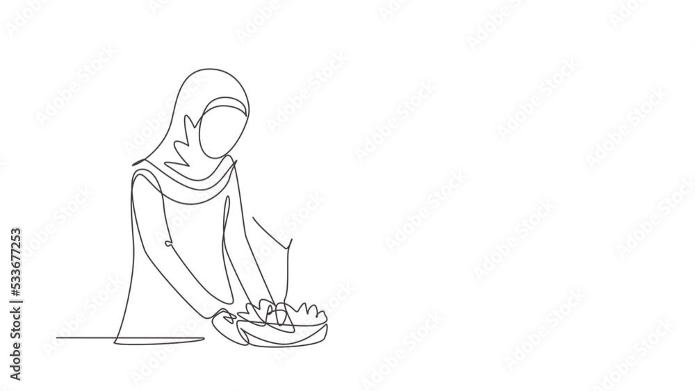 Animated self drawing of continuous line draw Arabian mother feeds her daughter food and in front of her is bowl filled with salad. Cooking together in cozy kitchen. Full length one line animation