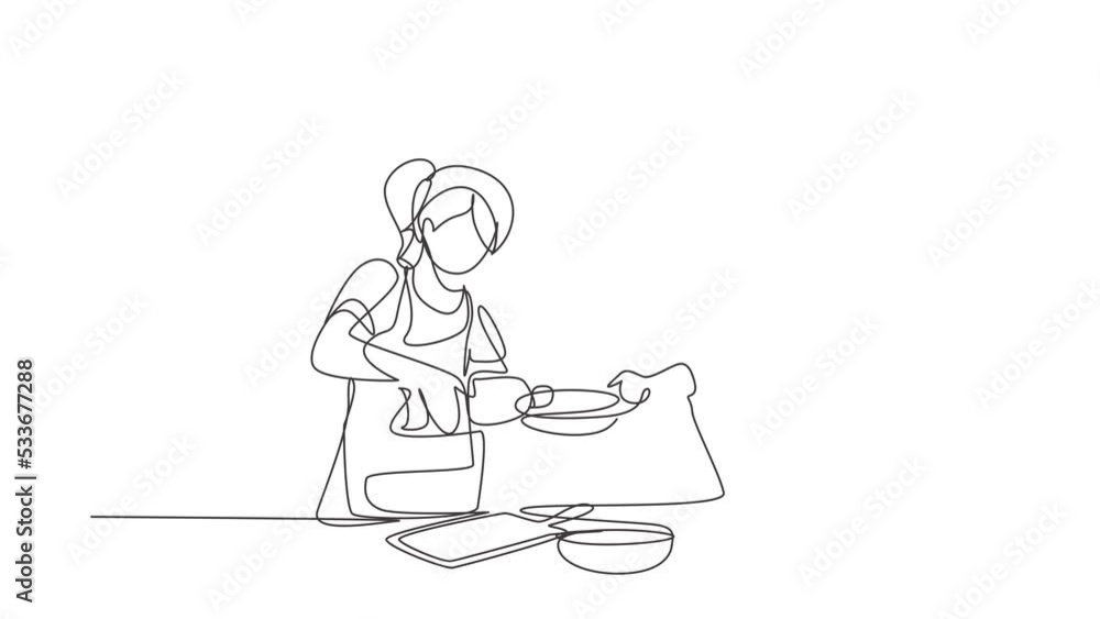 Self drawing animation of single line draw mother and daughter pour oil into pan which is being held by one of them. Cooking preparation in cozy kitchen. Continuous line draw. Full length animated Self drawing animation of single line draw mother and daughter pour oil into pan which is being held by one of them. Cooking preparation in cozy kitchen. Continuous line draw. Full length animated